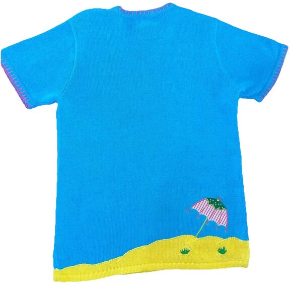 Vintage Beach Scene Knit Sweater Blue Summer Embroidered novelty Tunic Top Sz S - Picture 9 of 9